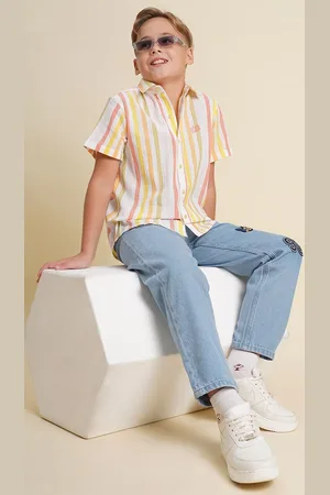 JACK & JONES Boys Spread Collar Vertical Striped Cotton Casual Shirt