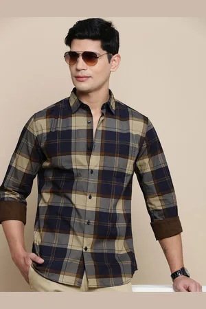 Invictus Men Sport Slim Fit Spread Collar Tartan Checked Cotton Casual Shirt