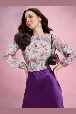 DressBerry Floral Print Smocked Detail Puff Sleeves Blouson Top