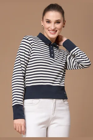 KASSUALLY Women White Striped Printed Polo Collar Cotton T-shirt
