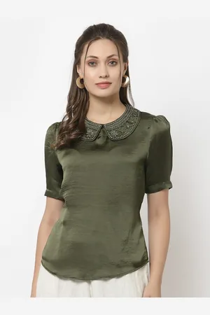 Gipsy Women Olive Green Embellished Peter Pan Collar Satin Top