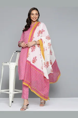 HERE&NOW Women Pink Printed Kurta with Trousers & Dupatta