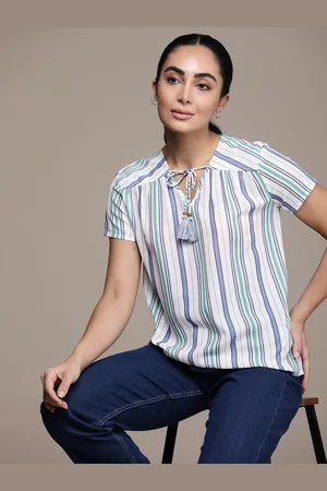 Nautica Women White & Blue Striped Top