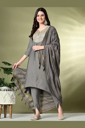 Sangria Grey Floral Yoke Design Sequinned Straight Kurta With Dhoti Pants & Dupatta