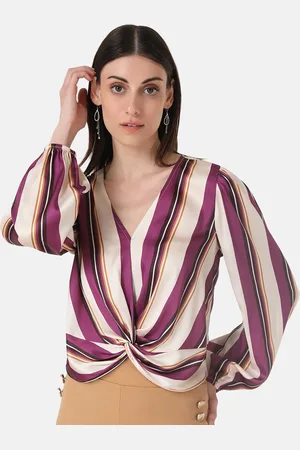 Kazo Striped Puff Sleeve Satin Wrap Top