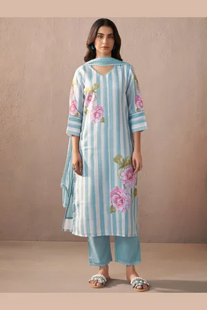 Indo Era Women Floral Printed Beads and Stones Linen Kurta with Trousers & With Dupatta