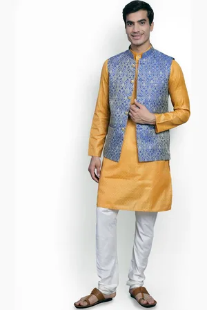 Wintage Floral Woven Design Mandarin Collar Straight Kurta with Pyjamas & Nehru Jacket
