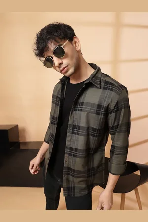 Rigo Men Cutaway Collar Tartan Checked Cotton Casual Shirt