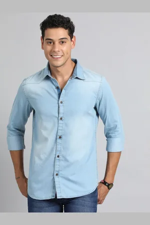 Bushirt Comfort Faded Spread Collar Long Sleeves Denim Casual Shirt