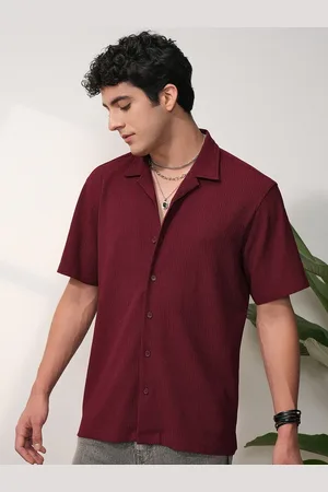 LocoMotive Premium Wine Knitted Textured Cuban Collar Relaxed Shirt