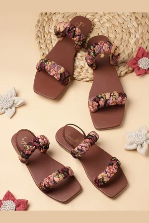 Sangria Girls Brown & Pink Printed Braided Open Toe Flats