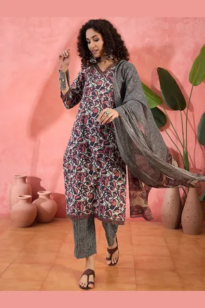 Sangria Printed Pure Cotton Straight Kurta With Trousers & Dupatta Sets