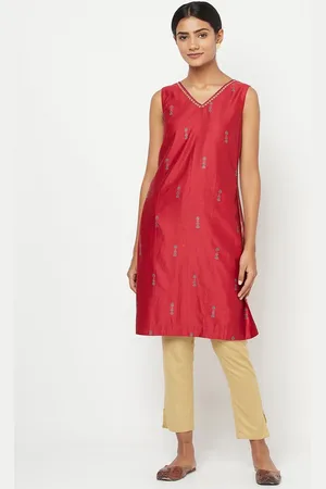 Fabindia Women Red Floral Printed Thread Work Cotton Silk Kurta