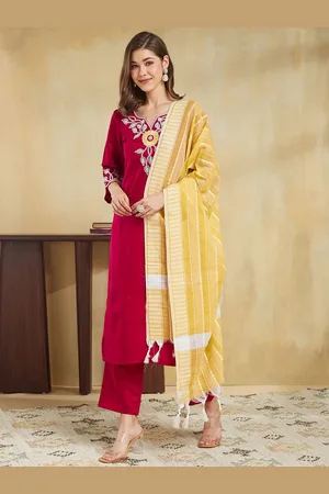Kalini Women Ethnic Motifs Embroidered Regular Thread Work Kurta with Trousers & With Dupatta