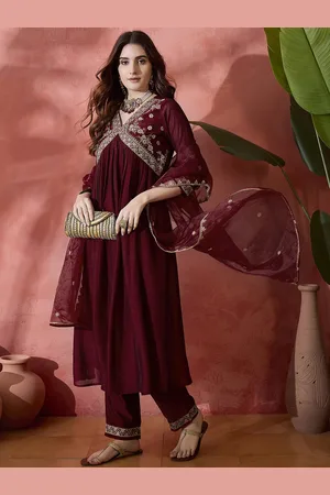 Sangria Maroon Floral Embroidered Silk Blend V-Neck Empire Kurta With Trousers And Dupatta