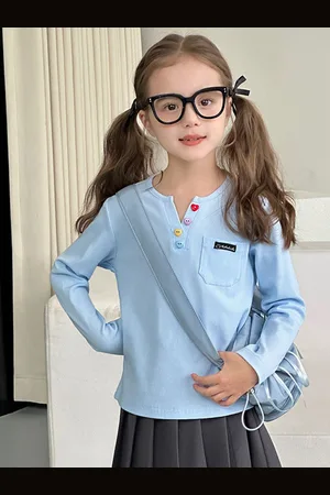 LULU & SKY Girls Striped Henley Neck Extended Sleeves Indigo Pockets T-shirt