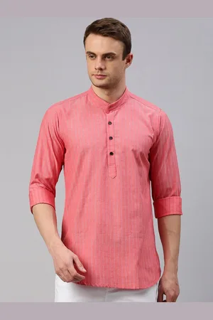 Cross Court Vertical Striped Woven Design Mandarin Collar Pure Cotton Straight Kurta