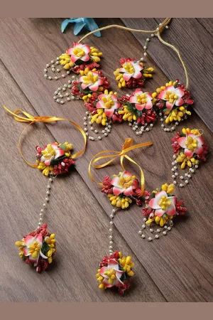 Zeneme Floral Beaded Haldi & Mehendi Jewellery Set with Maang Tika & Ring Bracelet