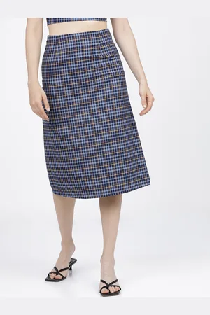 Tokyo Talkies Women Blue Black Checked A-Line Midi Skirt