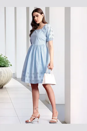 all about you Cotton Schiffli Embroidered Detail Puff Sleeves A-Line Dress