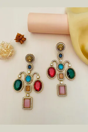 ABDESIGNS Gold-Plated Stone Studded Classic Drop Earrings