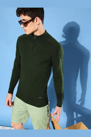 WROGN Men Olive Green Solid Henley-Neck Pullover Sweater
