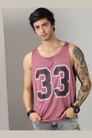Rodzen Men Mauve Varsity Printed Raw Edge T-shirt