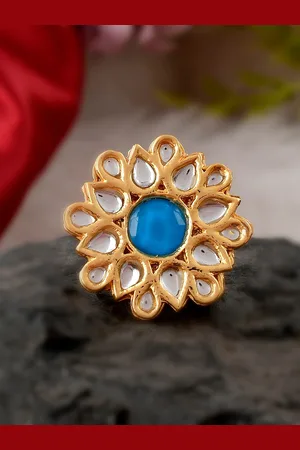 Dastoor Gold-Plated White & Blue Kundan-Studded Adjustable Finger Ring