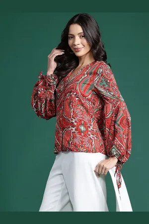 Deewa Women Floral Printed Mandarin Collar Puff Sleeve Shirt Style Top