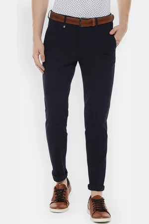 V Dot Men Navy Blue Slim Fit Checked Regular Trousers