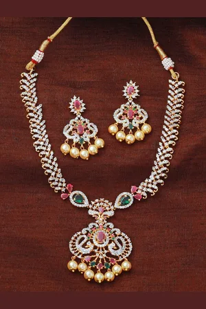 ESTELE Gold Plated CZ Mayuri Traditional Bridal Necklace Set With Pearls for Women