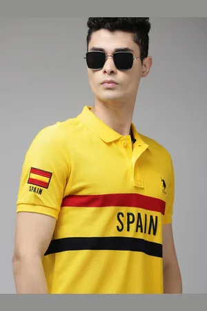 U.S. Polo Assn. U S Polo Assn Men Yellow & Red Striped Polo Collar Pure Cotton Slim Fit T-shirt