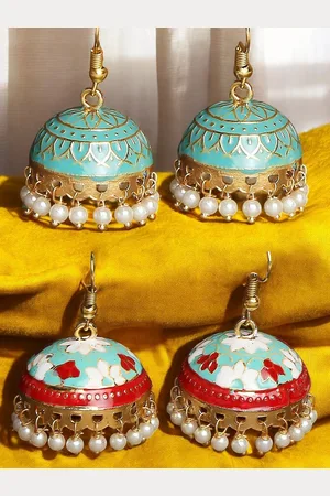 Anouk Gold Toned Set Of 2 Kundan Studded Dome Shaped Meenakari Jhumkas