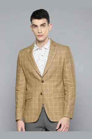 Louis Philippe Men Khakhi Checked Slim Fit Single Breasted Linen Formal Blazer