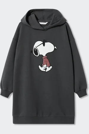 MANGO Girls Charcoal Grey & White Snoopy Print Sustainable Jumper Dress