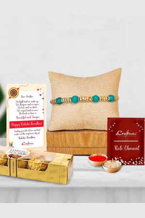 eCraftIndia Gold-Toned & Green Rakhi Gift Set