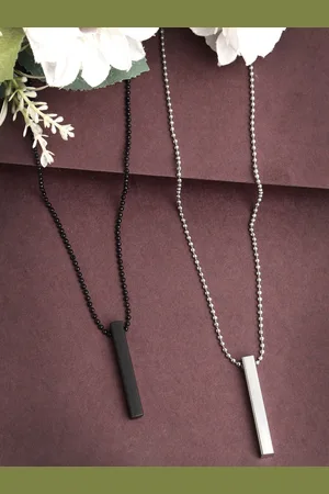 NVR Men Set of 2 Rhodium-Plated Bar Pendants with Chains