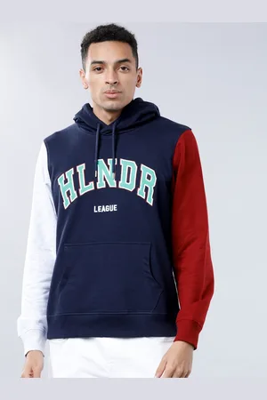 Highlander Men Navy Blue & Grey Printed Hooded Sweatshirt