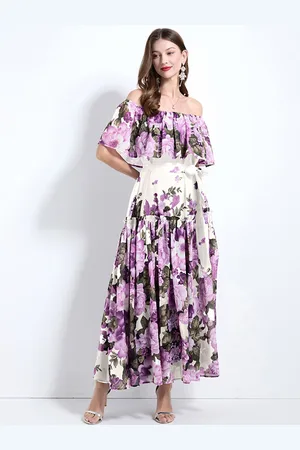 JC Collection Floral Print Off-Shoulder Cape Sleeve Maxi Dress