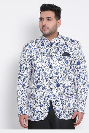 Hangup Men White & Blue Printed Single-Breasted Bandhgala Blazer
