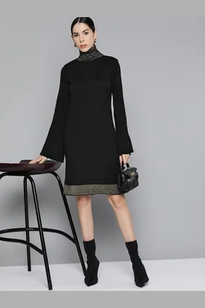 Chemistry Women Black Solid Acrylic High Neck Flared Sleeves Jumper Dress