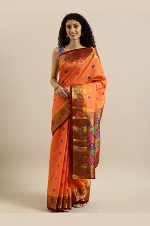 Mimosa Orange & Maroon Art Silk Embellished Dharmavaram Saree