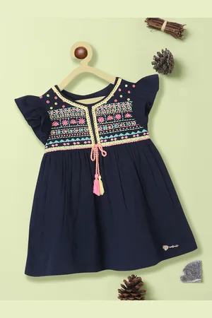 Nauti Nati Girls Floral Embroidered Flutter Sleeve Crepe A-line Dress