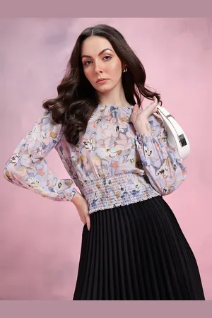DressBerry Floral Print Smocked Detail Puff Sleeves Blouson Top