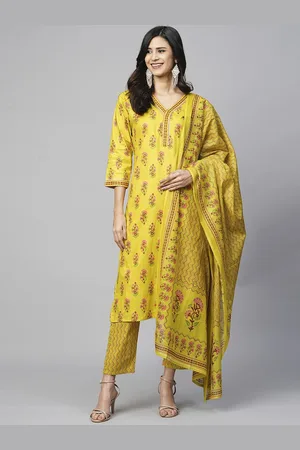 Kalini Women Floral Printed Regular Pure Cotton Kurti with Trousers & With Dupatta
