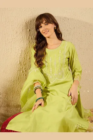 Indo Era Women Ethnic Motifs Embroidered Regular Aari Work Liva Kurta with Trousers & With Dupatta
