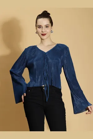 DressBerry Navy Blue Vertical Striped V-Neck Flared Sleeves Crop Top