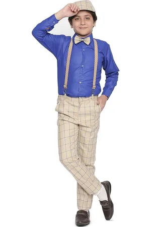 BAESD Boys Shirt with Checked Trousers Suspenders Cap & Bow