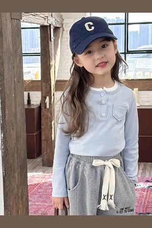 LULU & SKY Girls Printed Henley Neck Pockets Slim Fit T-shirt