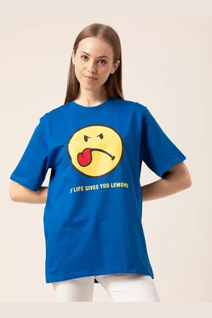 Lounge Dreams Women Blue Typography Printed Applique Oversized T-shirt